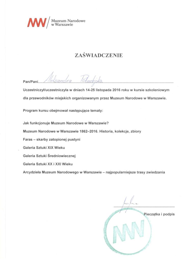 Step in Warsaw - Stadtführerin in Warschau. Ein Zertifikat für die Schulung in Führung im Nationalmuseum in Warschau.