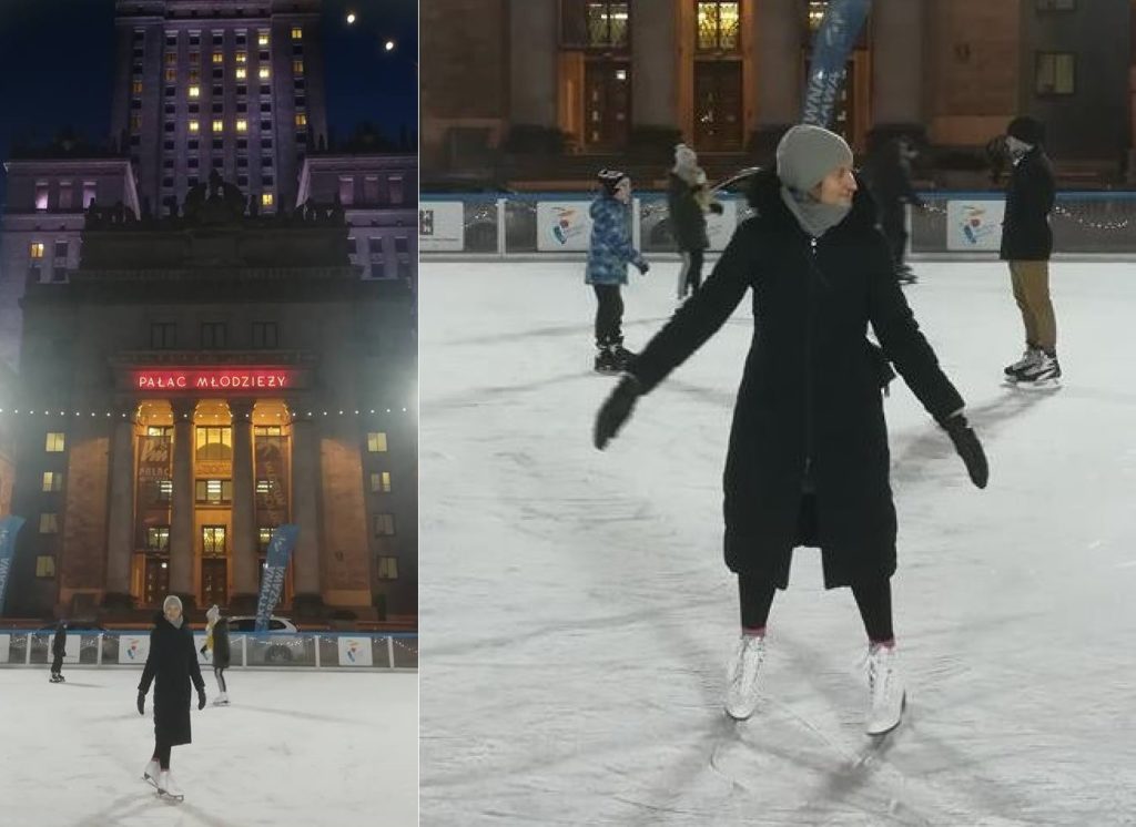 Step in Warsaw - Stadtführerin in Warschau. Verbesserung meiner Eiskunstlauffähigkeiten im Takt der Tanzmusik. Die Eislaufbahn am Kultur-und Wissenschaftspalast, das Eislaufen ist kostenlos und täglich von 10 bis 21 Uhr mit einer technischen Pause alle 3 Stunden. Empfehlenswert! Sie sind eingeladen! Warschau, Januar 2019.