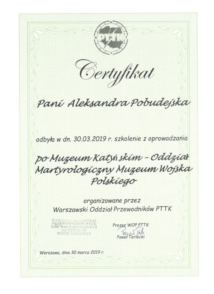 Step in Warsaw - Stadtführerin in Warschau. Ein Zertifikat für die Schulung in Führung im Katyń-Museum in Warschau.
