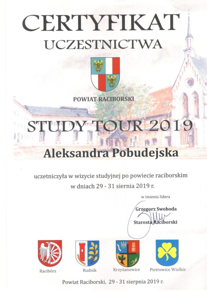 Step in Warsaw – Stadtführerin in Warschau. Ein Zertifikat für dieTeilnahme an der Studienreise in den Landkreis von Racibórz.